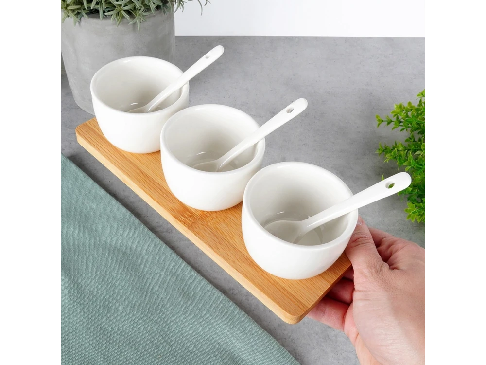 Vilde Snack Bowls with Spoons Ceramic, Set of 3 with Spoons & Bamboo Base, White