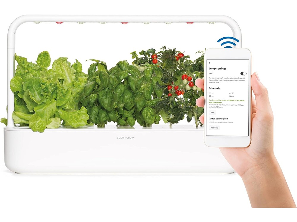 Click and Grow The Smart Garden 9 Pro, App-Control, Connection via Bluetooth & 3 Pods of Basil, White