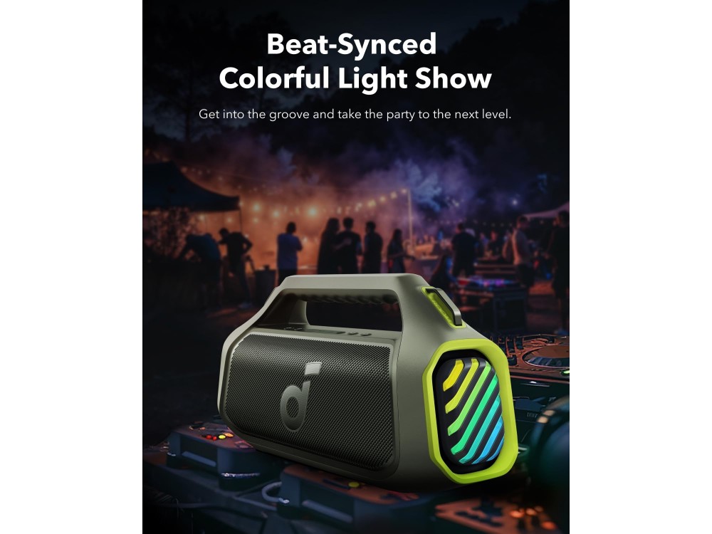Anker Soundcore Boom 2 Plus Portable Bluetooth Speaker 140W IPX7, BassUp 2.0, 2+2 Channels, RGB Lights 20H Playtime, Adventure Green