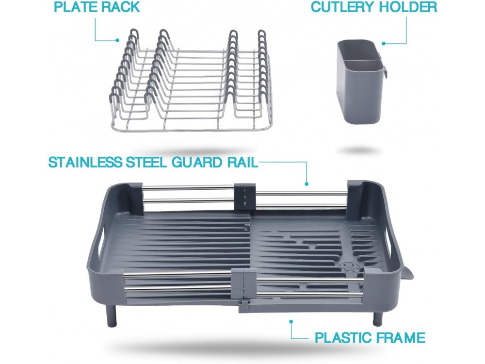 AJ Extendable Dish Rack, Στεγνωτήρας Νεροχύτη Επεκτεινόμενος με Θήκη για Μαχαιροπίρουνα 32-49 x 34 x 11cm, Dark Grey