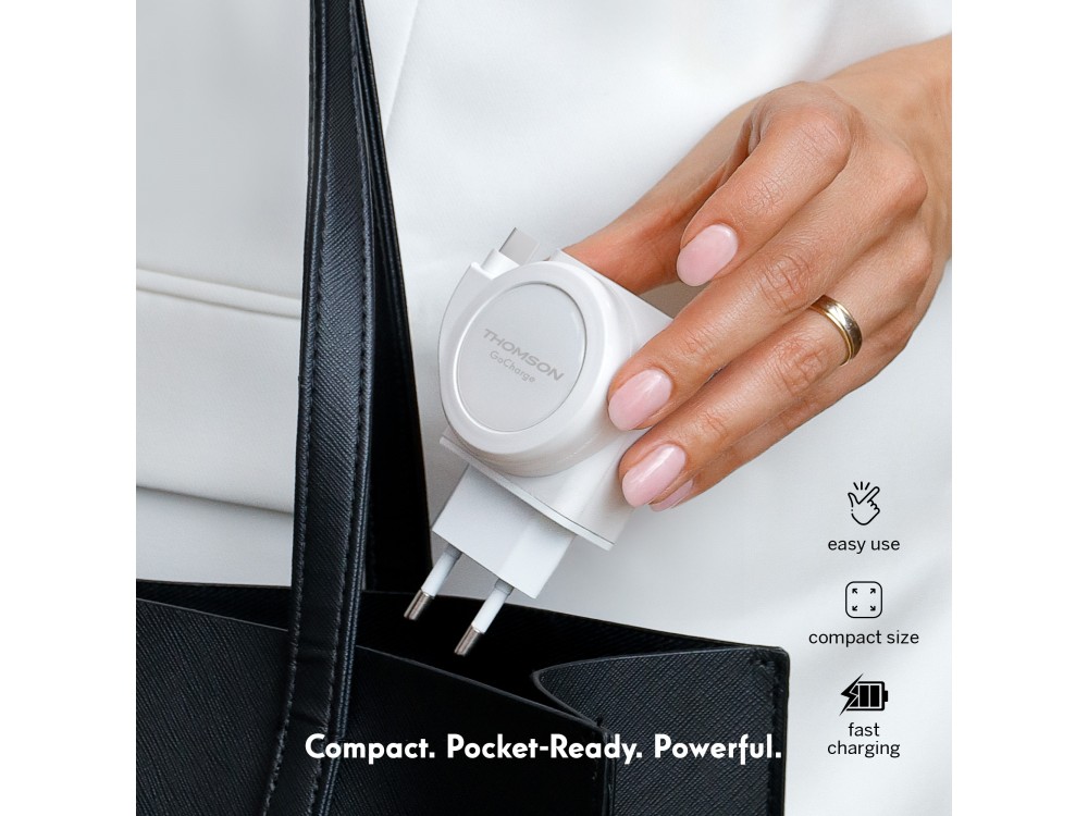 Thomson GoCharge PD 22.5W με Ενσωματωμένο Καλώδιο 90cm & USB-A Θύρα 18W QC3.0, White
