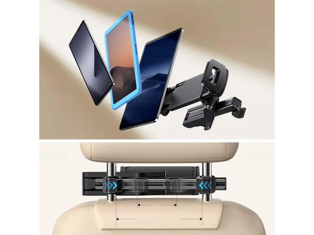Joyroom JR-ZS203 Tablet Holder for Car Headrest, Car Mobile and Tablet Holder with Arm & Adjustable Hooks, Black