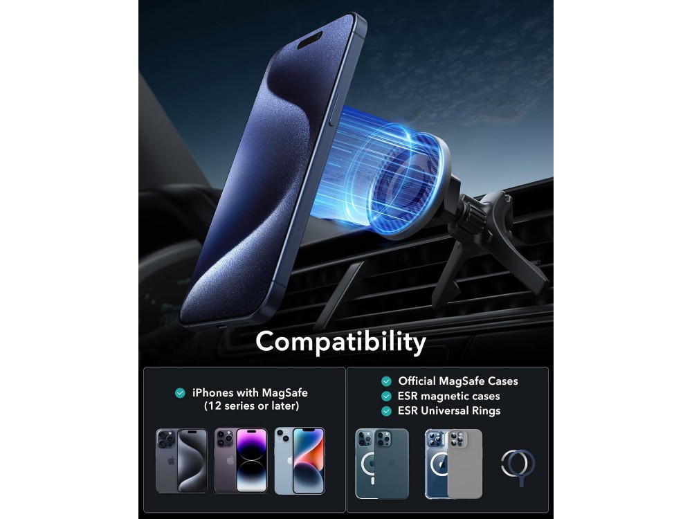 ESR HaloLock Magnetic Car Phone Mount, MagSafe Compatible Air Vent Car Mount for iPhone 15 / 14 Series, Carbon