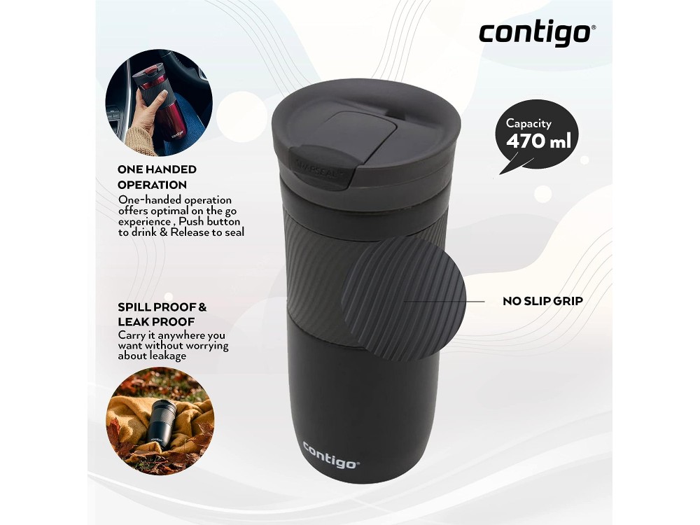 Contigo Byron Snapseal Travel Mug, 470ml with Thermalock Technology, Dishwasher Safe, Matte Black