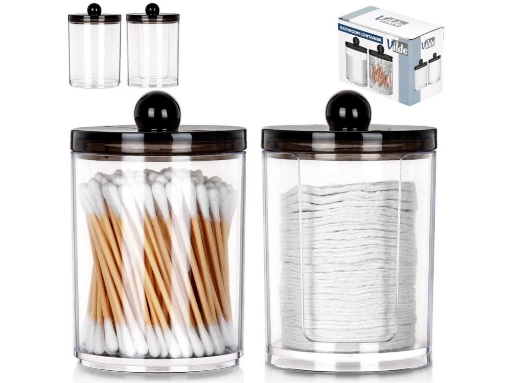 Vilde Set of 2 Cotton Swab & Cotton Pad Cases with Lid Black