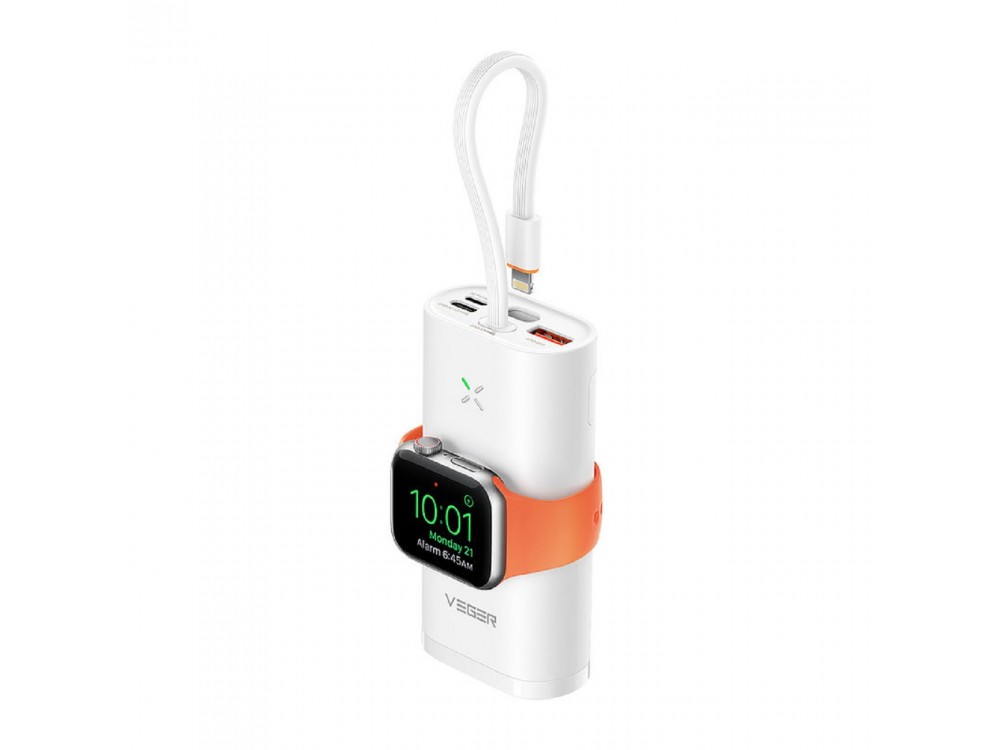 Veger W1162S Mini Fast 10k Power Bank with Built-in USB-C & Lightning Cable & iWatch Charger, White