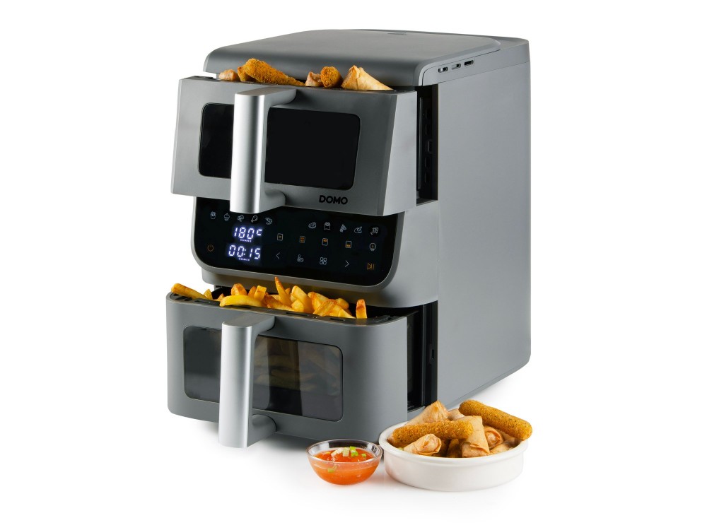 DOMO Double Fry Zone Air Fryer, Κάθετη Φριτέζα Αέρος με 2 Κάδους (3.5lt + 6.5lt), 2 Heating Elements & Οθόνη Αφής, PFAS-free