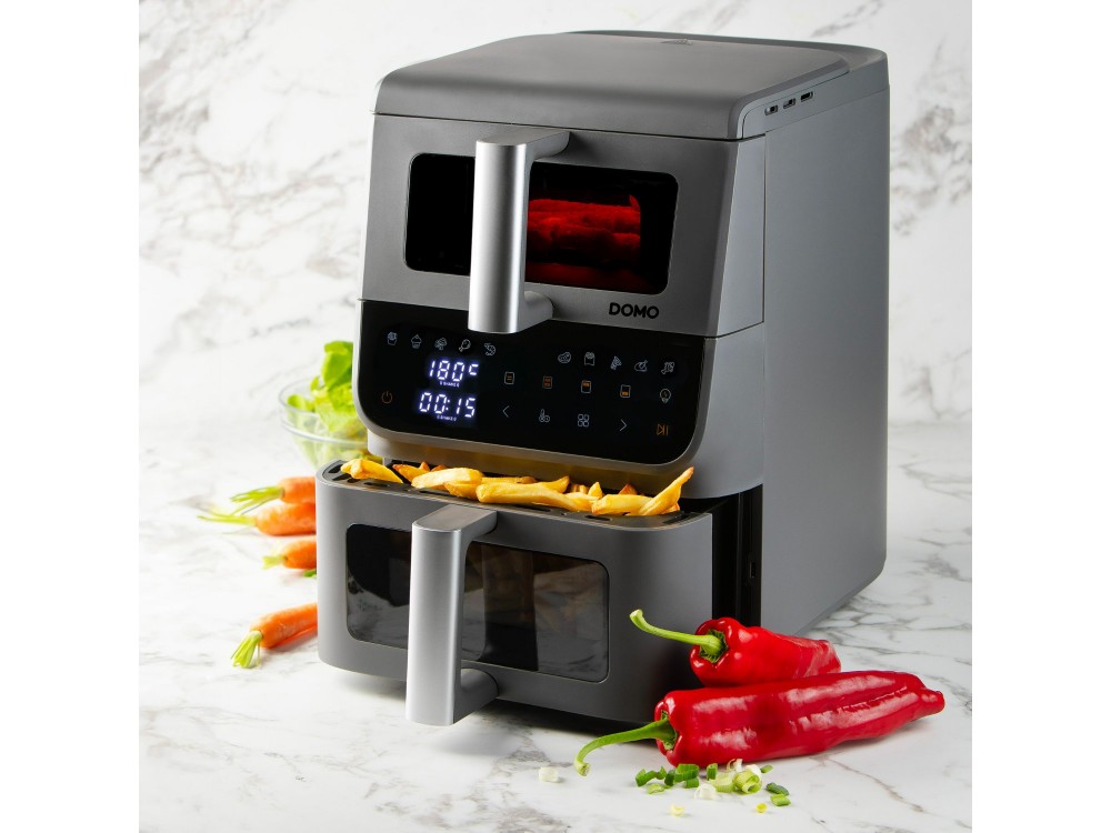 DOMO Double Fry Zone Air Fryer, Κάθετη Φριτέζα Αέρος με 2 Κάδους (3.5lt + 6.5lt), 2 Heating Elements & Οθόνη Αφής, PFAS-free