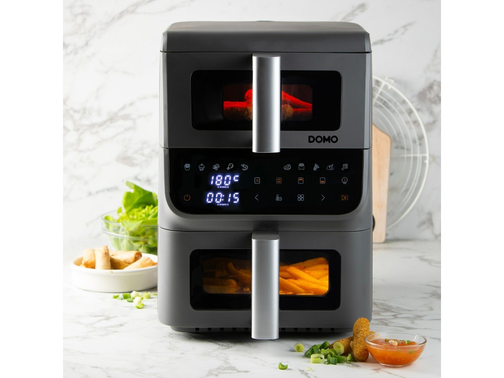 DOMO Double Fry Zone Air Fryer, Κάθετη Φριτέζα Αέρος με 2 Κάδους (3.5lt + 6.5lt), 2 Heating Elements & Οθόνη Αφής, PFAS-free