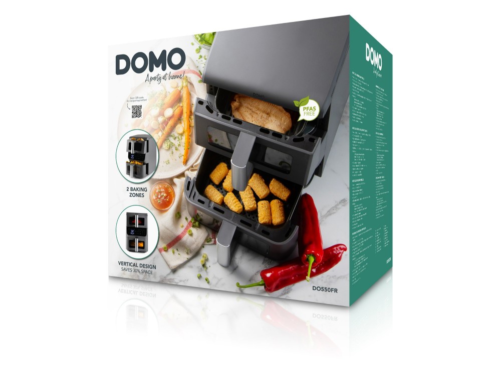 DOMO Double Fry Zone Air Fryer, Κάθετη Φριτέζα Αέρος με 2 Κάδους (3.5lt + 6.5lt), 2 Heating Elements & Οθόνη Αφής, PFAS-free