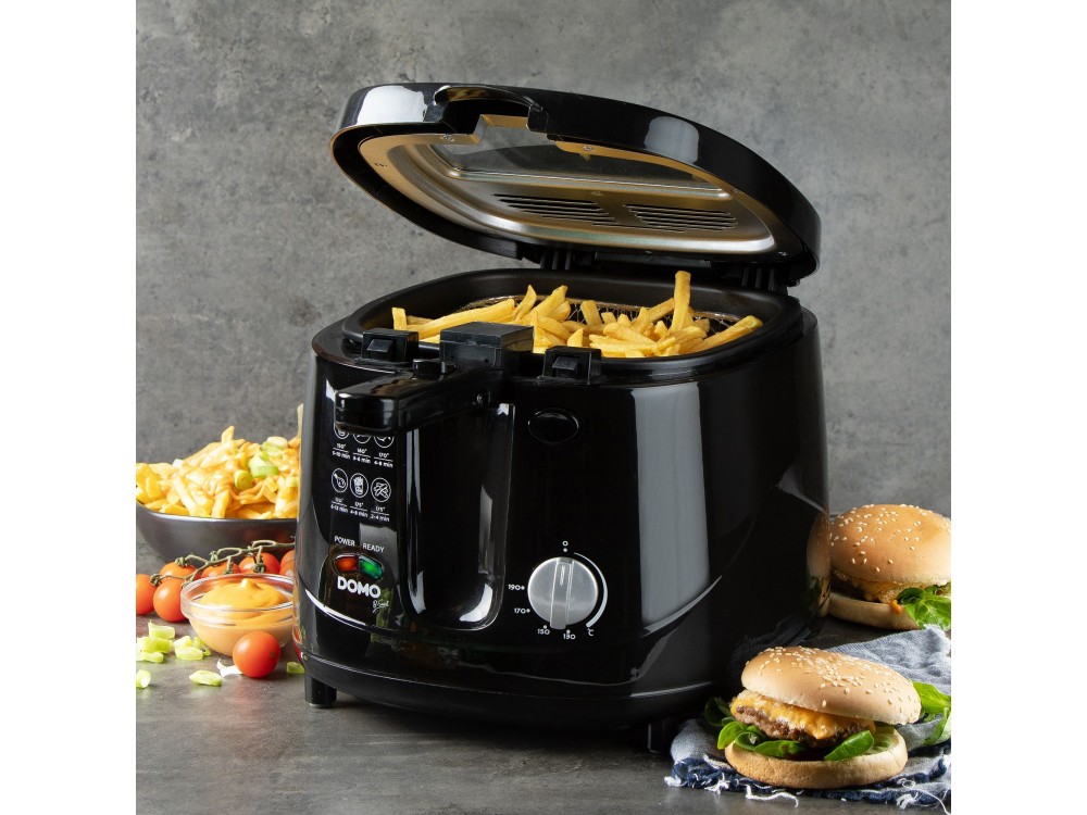 DOMO Deep Fryer B-Smart, Oil Fryer with Cooking Control Glass, Removable 2.5lt Bucket & Lid, Black