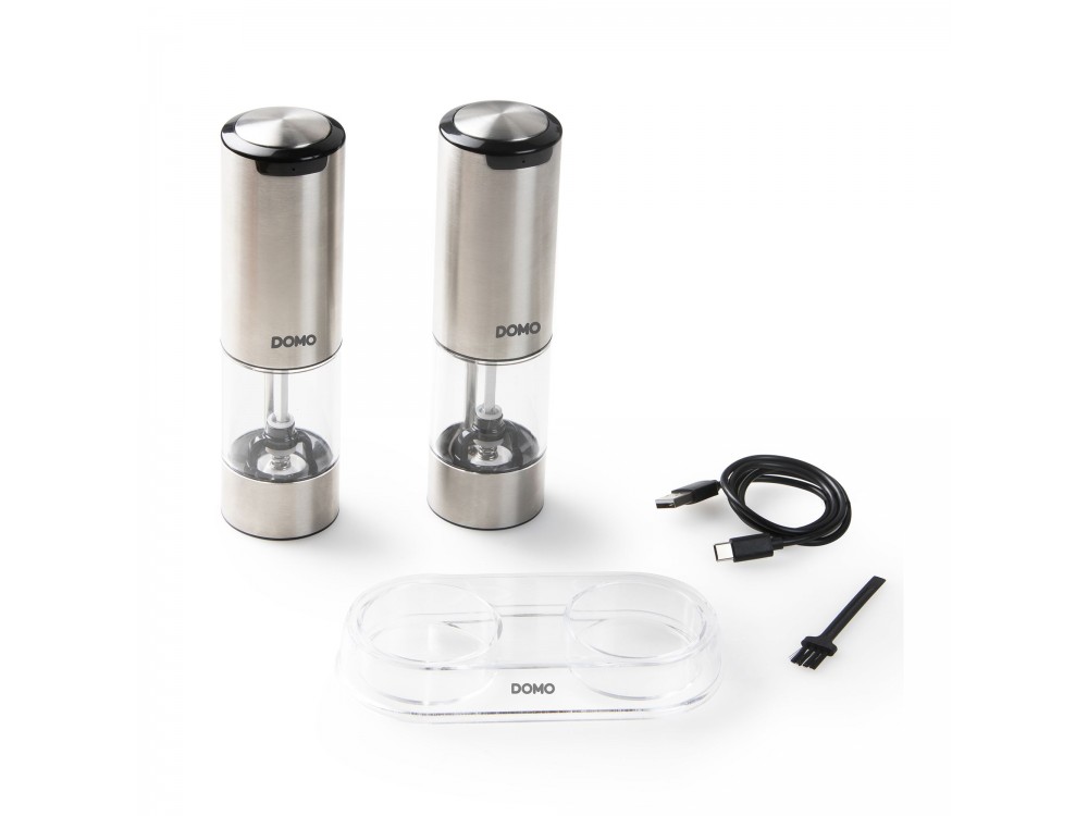 DOMO Electric Salt and Pepper Mills Set Grinder, Rechargeable Salt & Pepper Mill with LED Light, Set of 2