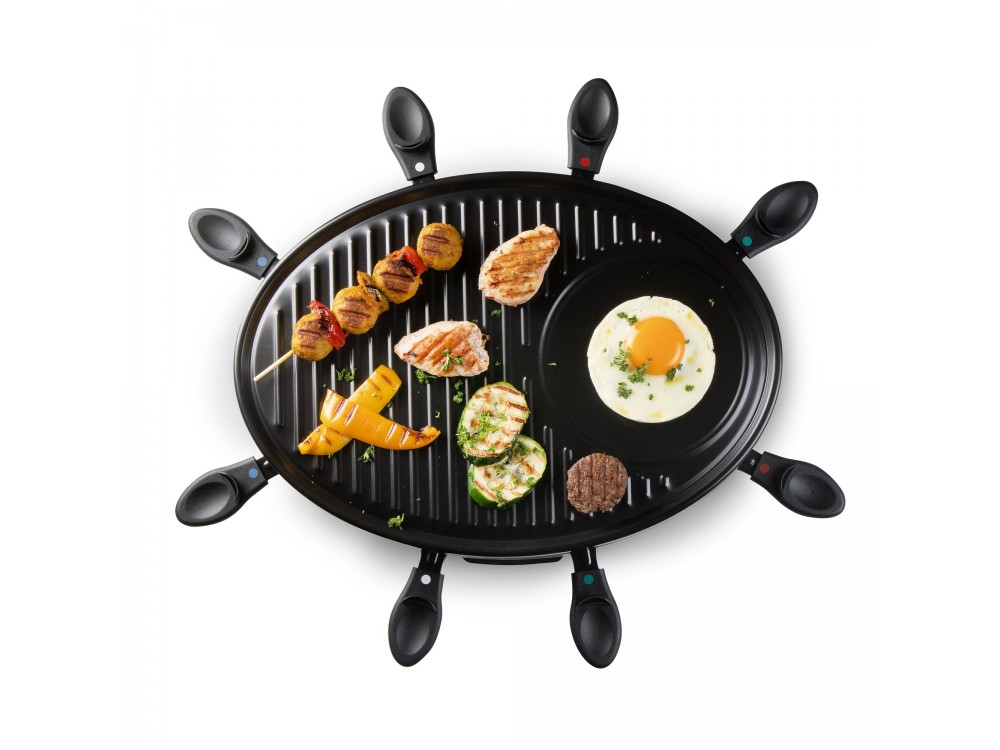 DOMO Raclette Grill, Electric Raclette Grill with 8 Enamelled Raclette Pans & Wooden Spatulas, PFAS-free