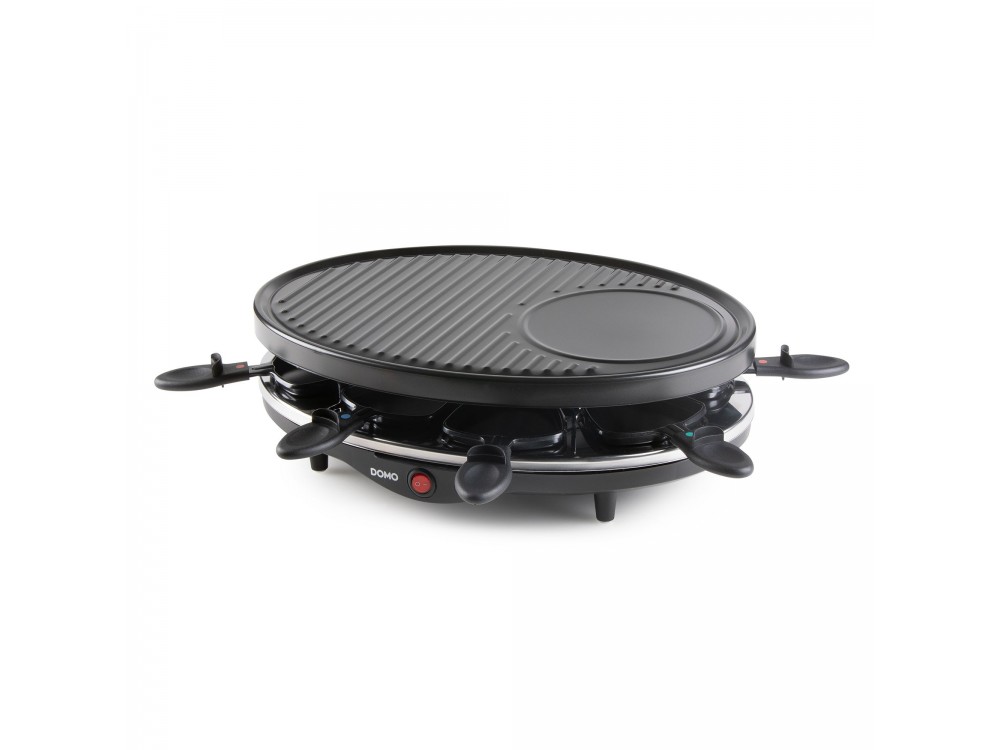 DOMO Raclette Grill, Electric Raclette Grill with 8 Enamelled Raclette Pans & Wooden Spatulas, PFAS-free