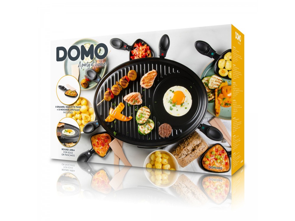 DOMO Raclette Grill, Electric Raclette Grill with 8 Enamelled Raclette Pans & Wooden Spatulas, PFAS-free