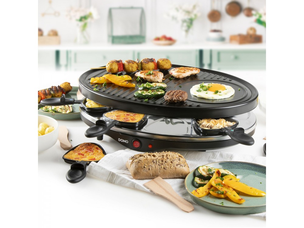 DOMO Raclette Grill, Electric Raclette Grill with 8 Enamelled Raclette Pans & Wooden Spatulas, PFAS-free