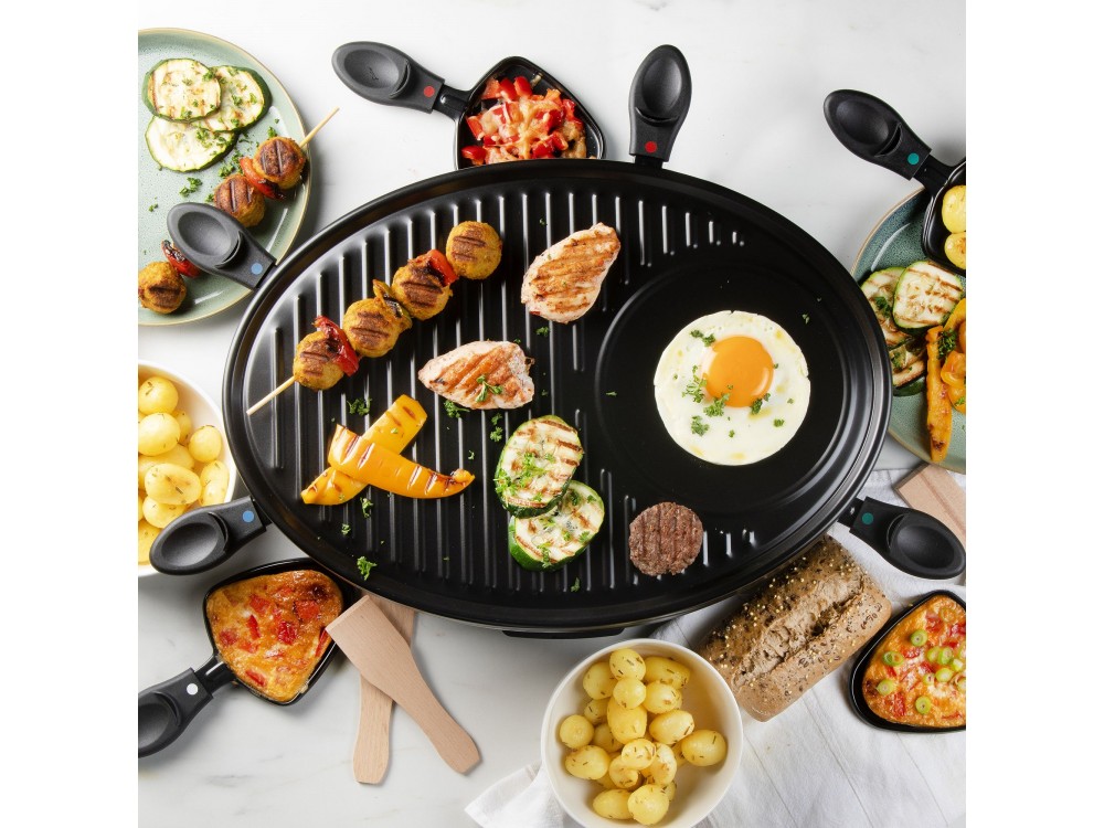 DOMO Raclette Grill, Electric Raclette Grill with 8 Enamelled Raclette Pans & Wooden Spatulas, PFAS-free