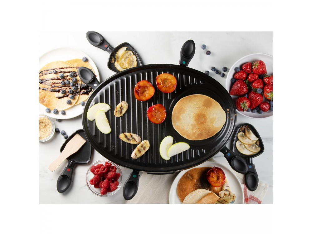 DOMO Raclette Grill, Electric Raclette Grill with 8 Enamelled Raclette Pans & Wooden Spatulas, PFAS-free