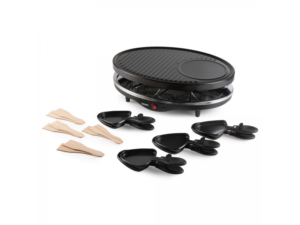 DOMO Raclette Grill, Electric Raclette Grill with 8 Enamelled Raclette Pans & Wooden Spatulas, PFAS-free