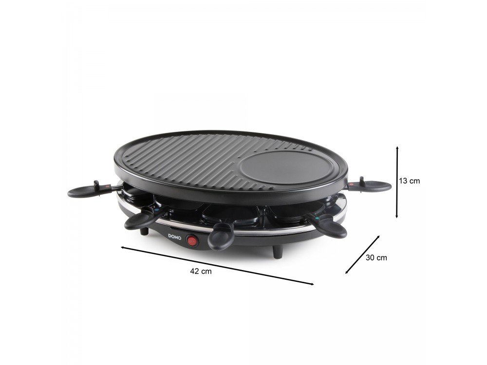 DOMO Raclette Grill, Electric Raclette Grill with 8 Enamelled Raclette Pans & Wooden Spatulas, PFAS-free