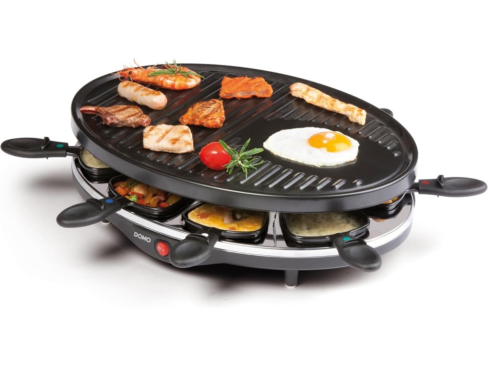 DOMO Raclette Grill, Electric Raclette Grill with 8 Enamelled Raclette Pans & Wooden Spatulas, PFAS-free