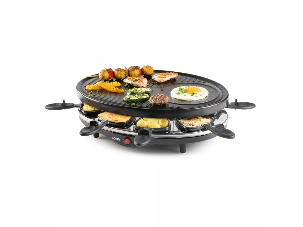 DOMO Raclette Grill, Electric Raclette Grill with 8 Enamelled Raclette Pans & Wooden Spatulas, PFAS-free
