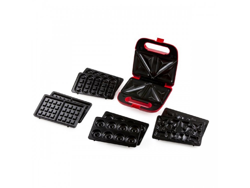DOMO Snack Party 5-in-1, Toaster / Breakfast & Snack Multi-Device with 5 Removable Plates + Recipe Book, PFAS-free, Red