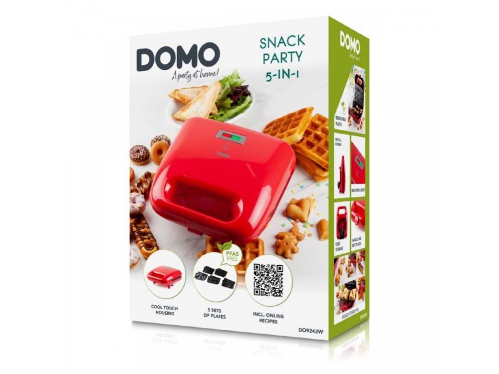 DOMO Snack Party 5-in-1, Toaster / Breakfast & Snack Multi-Device with 5 Removable Plates + Recipe Book, PFAS-free, Red