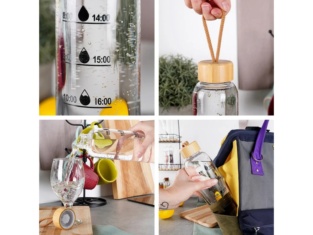 Vilde Water Bottle Glass 1L, Glass Bottle with Time Indicator with Bamboo Lid & Airtight Closure
