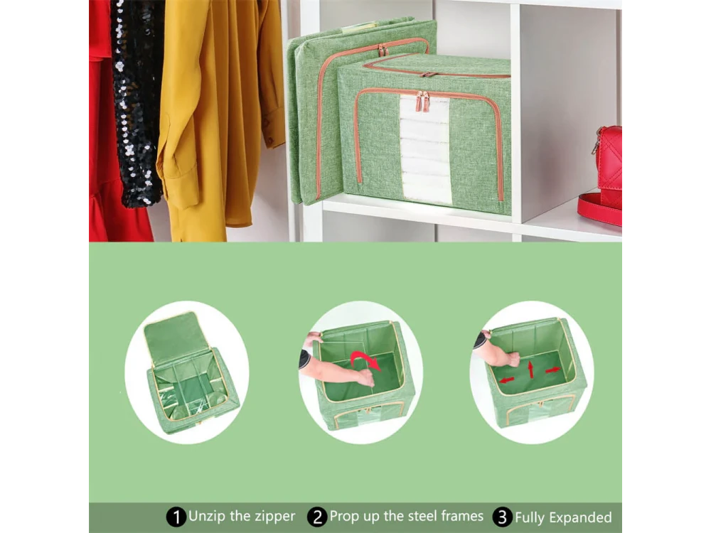 AJ Clothes Storage Organizer Bags 101L, Κουτιά Αποθήκευσης Ρούχων με 2 Ανοίγματα/Παράθυρο, Σετ 3τμχ, 62x43x38cm, Light Green