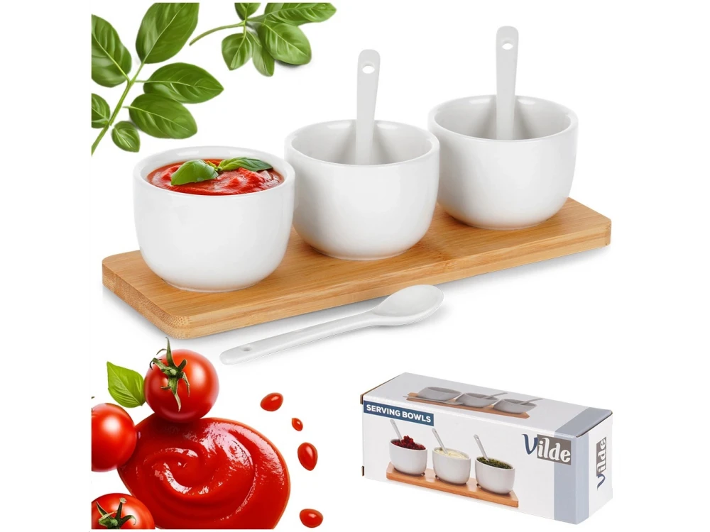 Vilde Snack Bowls with Spoons Ceramic, Set of 3 with Spoons & Bamboo Base, White