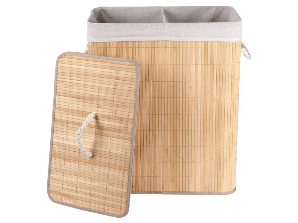 Vilde Bamboo Laundry Basket 90L 50x30.5x60.5cm, 2 Compartments with Lid, Beige