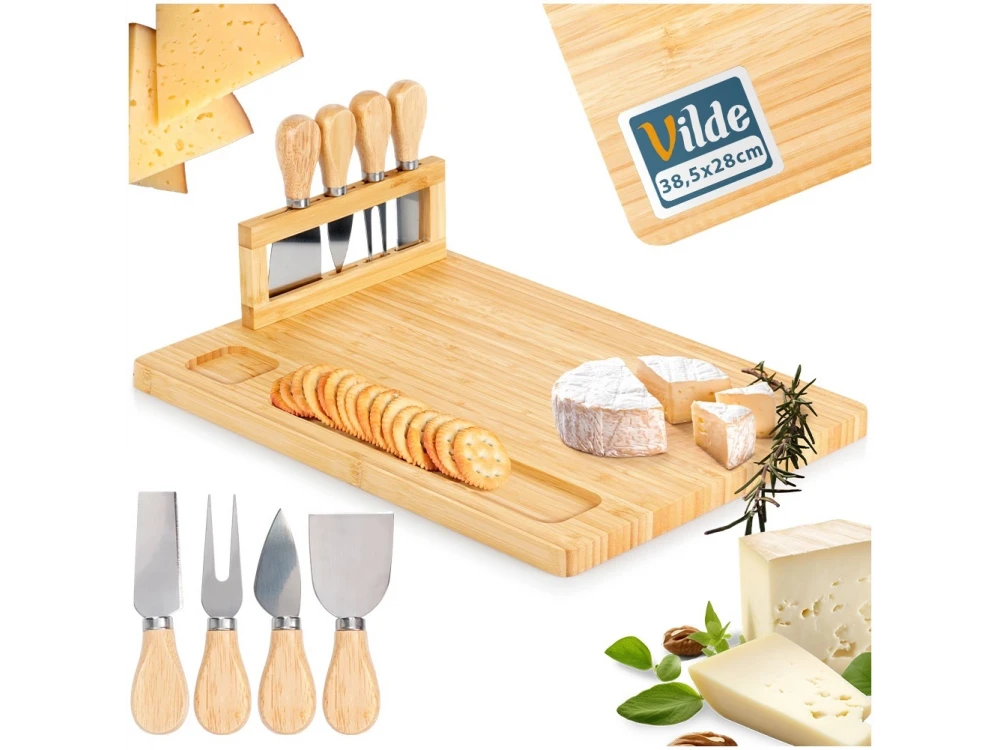 Vilde Premium Cheese Board with Knives, Bamboo Cheese Platter, Plate & Set of 4 Knives