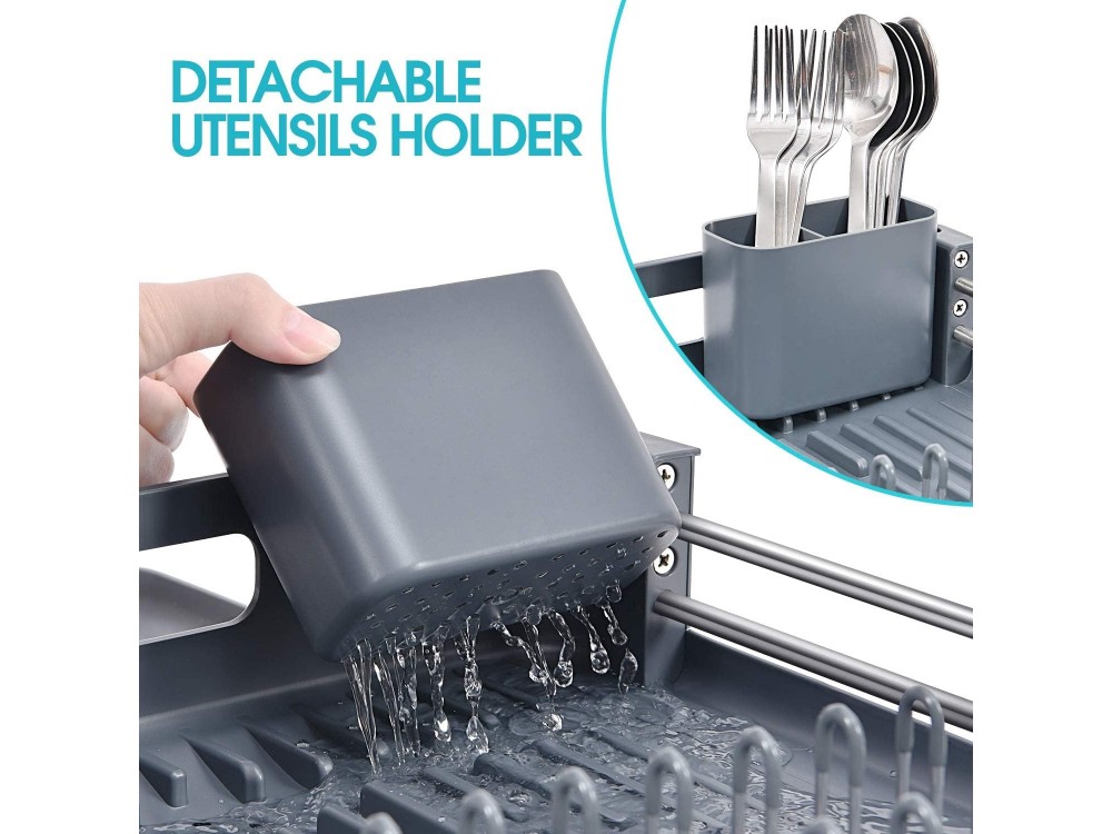 AJ Extendable Dish Rack, Στεγνωτήρας Νεροχύτη Επεκτεινόμενος με Θήκη για Μαχαιροπίρουνα 32-49 x 34 x 11cm, Dark Grey