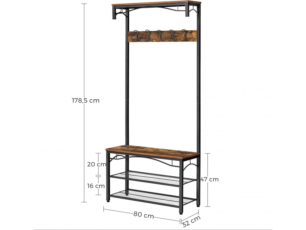 VASAGLE Floor Clothes Hanger, with Hooks, Bench & Lower Shoe Shelves 178.5 x 32 x 80cm in Rustic Style, Brown