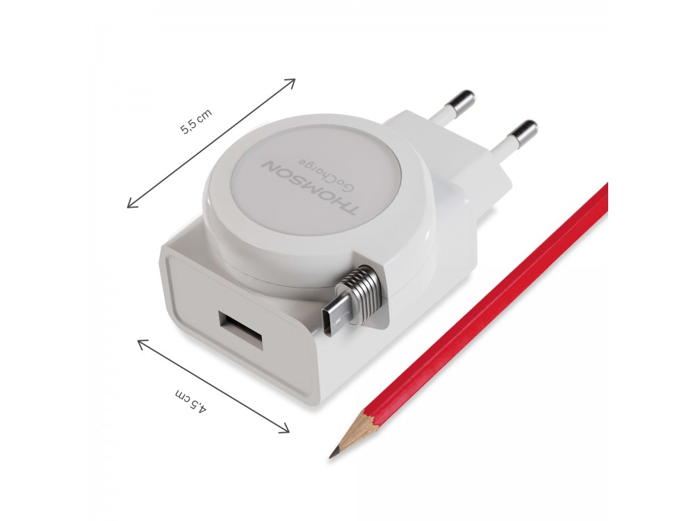 Thomson GoCharge PD 22.5W με Ενσωματωμένο Καλώδιο 90cm & USB-A Θύρα 18W QC3.0, White