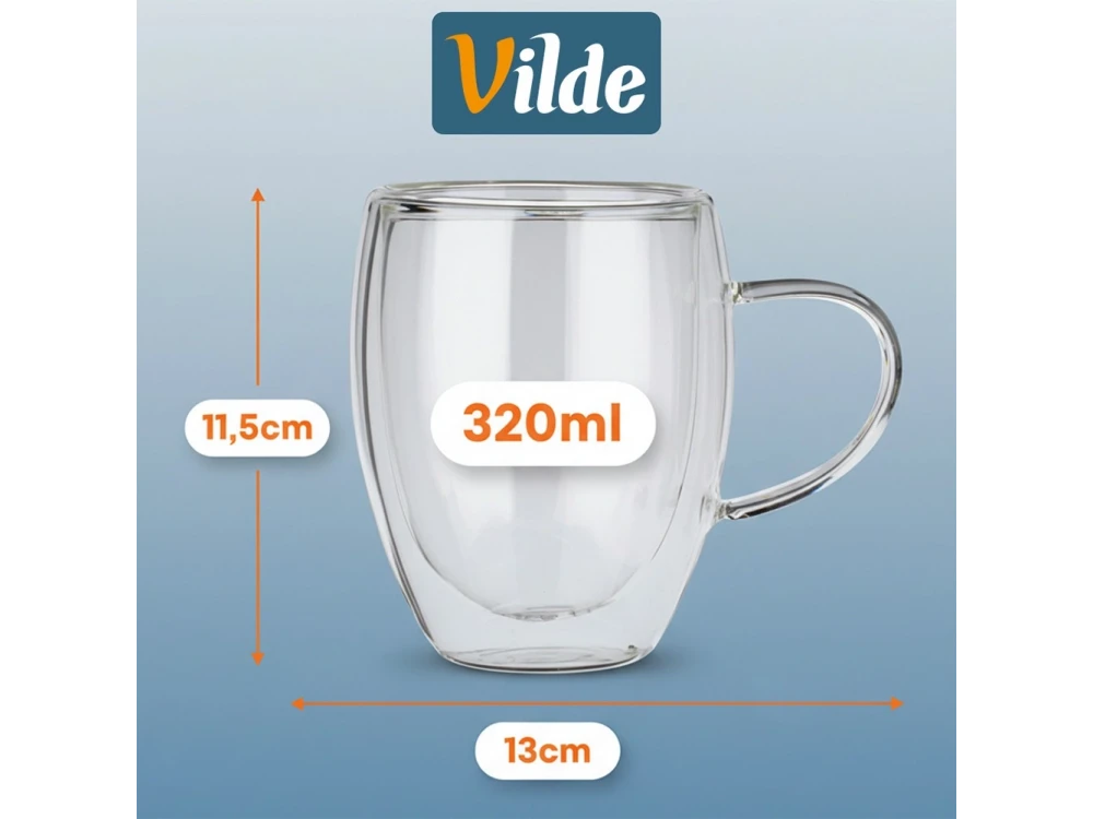 Vilde Premium Double Walled Glass, Cappuccino / Latte Macchiato Cups Set of 2 370ml Made of Double Borosilicate Glass,