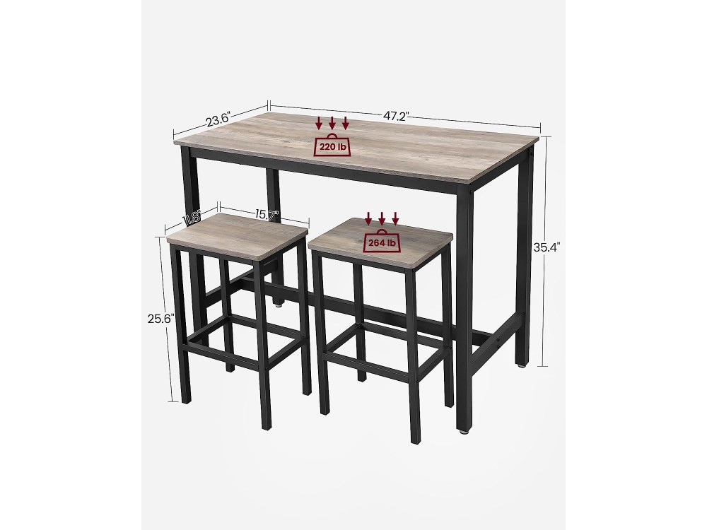 VASAGLE Bar Table Set, Σετ Μπαρ με Ορθογώνιο Τραπέζι & 2 Σκαμπό σε Ρουστίκ Στυλ 120 x 60 x 90cm, Greige and Black