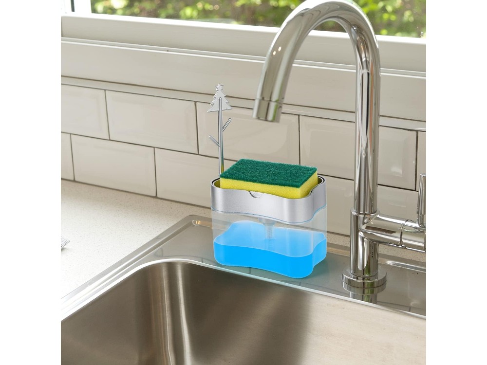 AJ Dish Soap Dispenser, Tabletop Kitchen Dispenser 380ml with Sponge Holder, Transparent