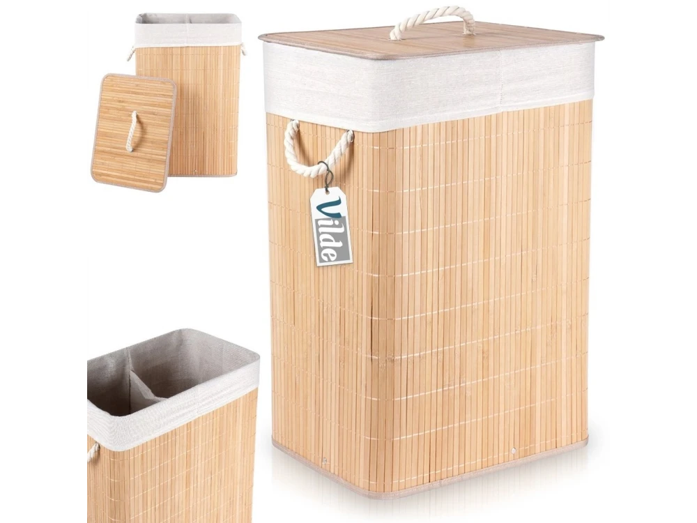 Vilde Καλάθι για Άπλυτα από Μπαμπού 70L 40x30x60cm, 2 διαμερισμάτων με Καπάκι, Beige