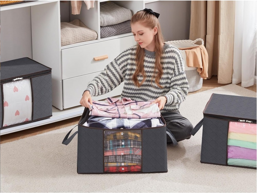 AJ Clothes Storage Organizer Bags 75L, Κουτιά Αποθήκευσης Ρούχων με 2 Ανοίγματα & Παράθυρο, Σετ των 3τμχ, 58x39x33cm, Dark Grey