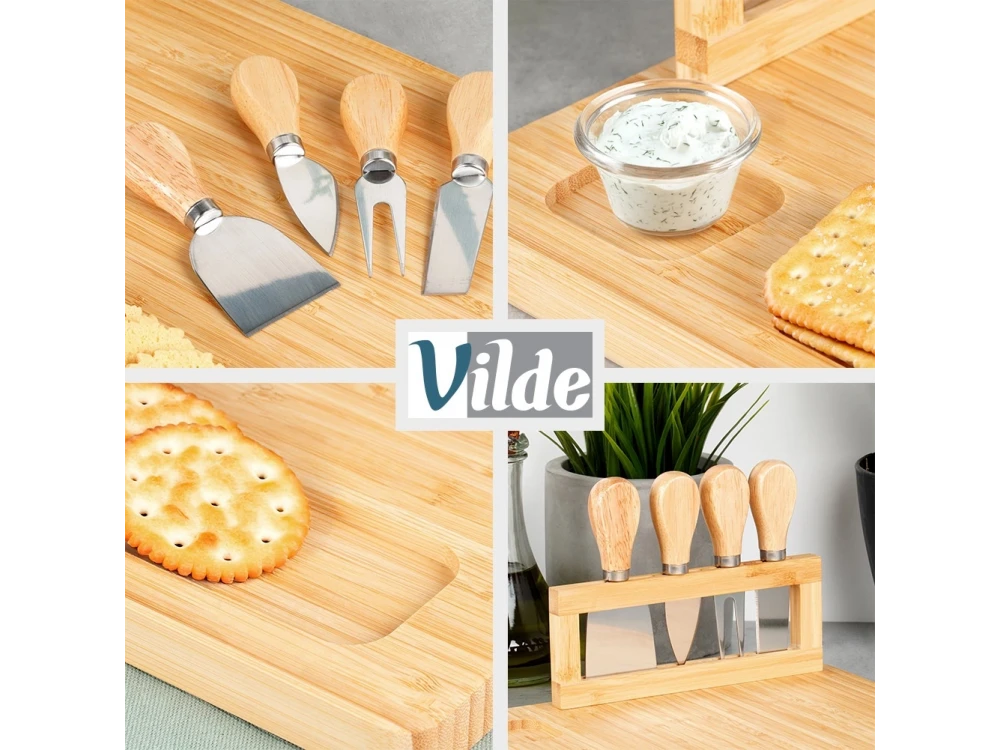 Vilde Premium Cheese Board with Knives, Bamboo Cheese Platter, Plate & Set of 4 Knives