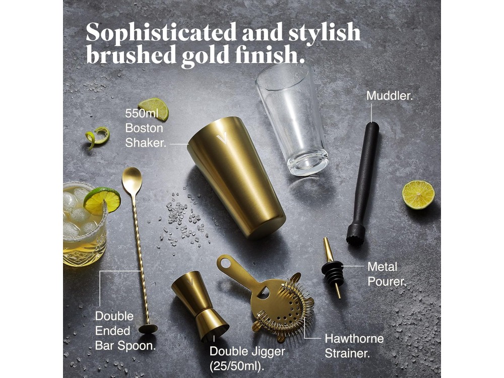 VonShef Gold Cocktail Set 6pcs., Stainless Steel Cocktail Set with 550ml Shaker, Gold