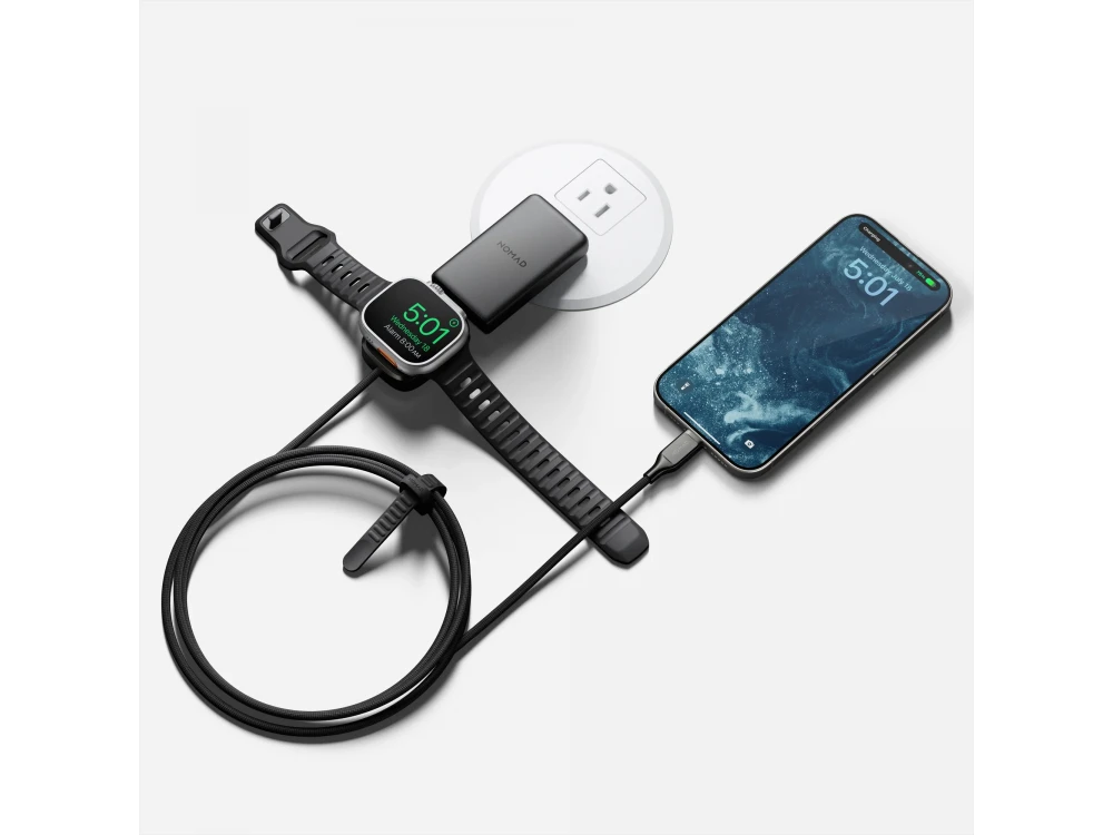 Nomad 2-in-1 Universal Cable 1.5m., Kevlar USB-C to USB-C 100W Cable with Built-in Charger for Apple Watch, Black