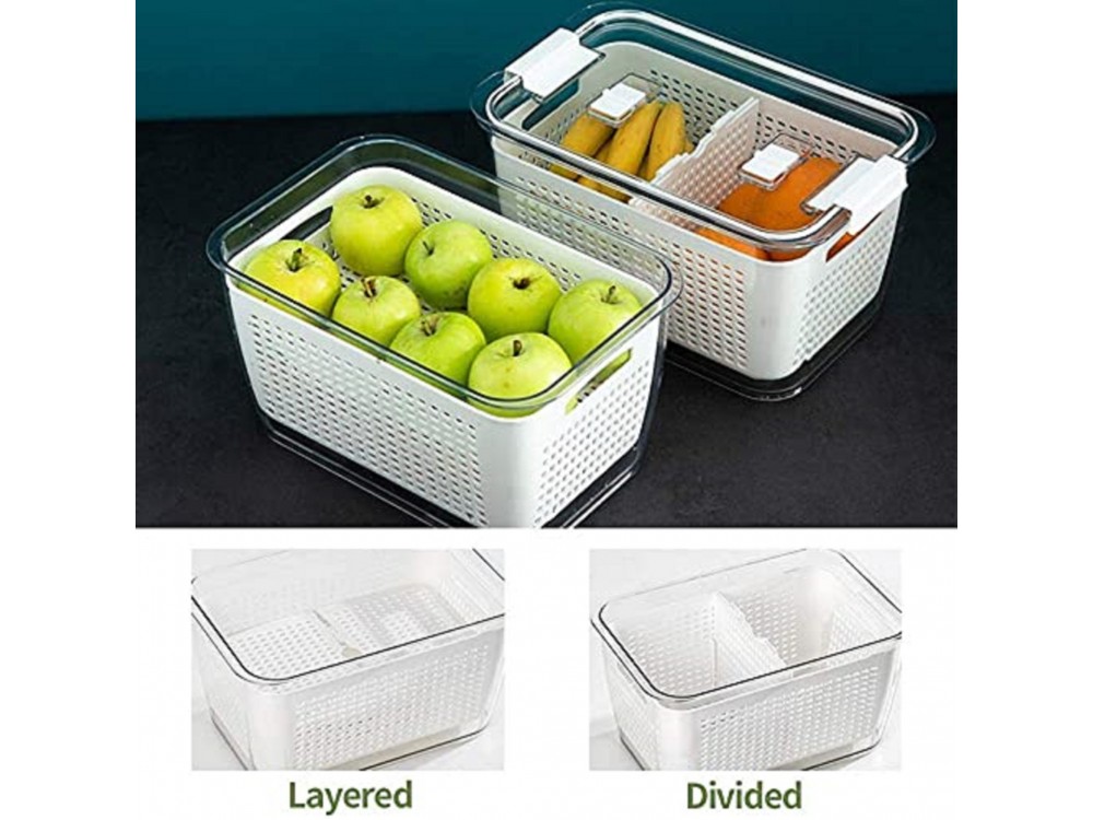 AJ Refrigerator Drain Basket, Δοχείο Αποθήκευσης Ψυγείου για Φρούτα & Λαχανικά Με Αποσπώμενο Σουρωτήρι , White