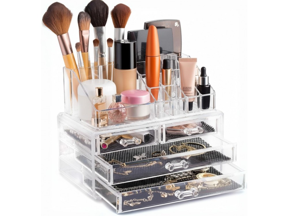 AJ Makeup & Cosmetics Organizer with 4 Drawers, Cosmetics & Accessories Drawer, Transparent