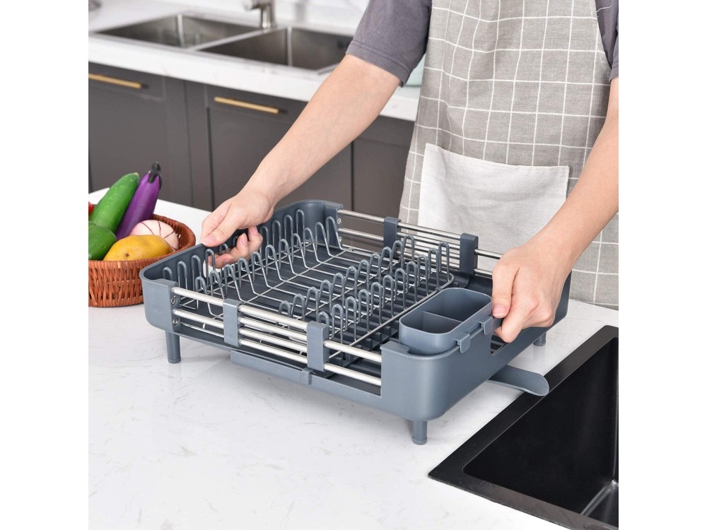 AJ Extendable Dish Rack, Στεγνωτήρας Νεροχύτη Επεκτεινόμενος με Θήκη για Μαχαιροπίρουνα 32-49 x 34 x 11cm, Dark Grey