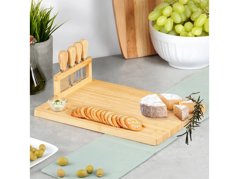 Vilde Premium Cheese Board with Knives, Bamboo Cheese Platter, Plate & Set of 4 Knives