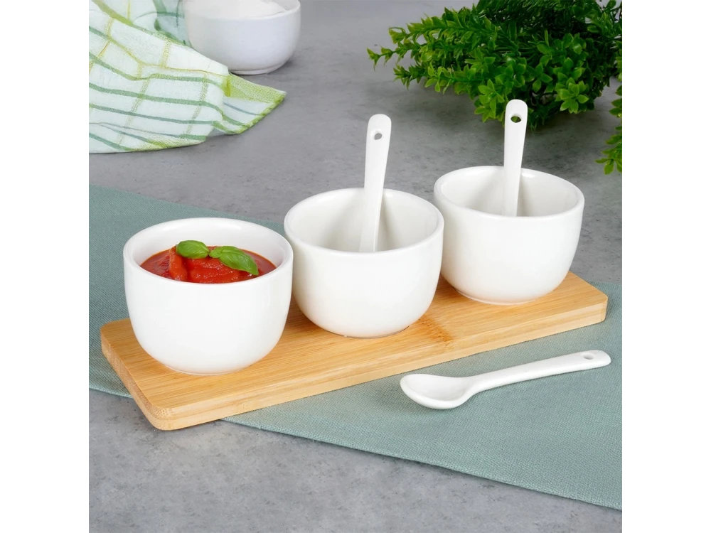 Vilde Snack Bowls with Spoons Ceramic, Set of 3 with Spoons & Bamboo Base, White