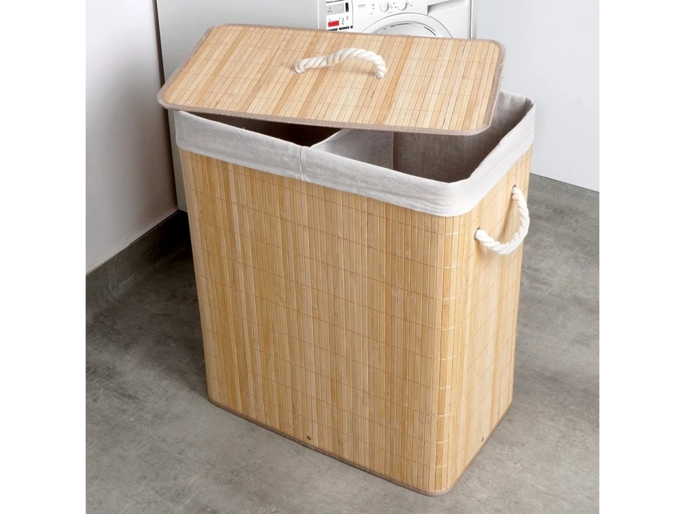 Vilde Bamboo Laundry Basket 90L 50x30.5x60.5cm, 2 Compartments with Lid, Beige